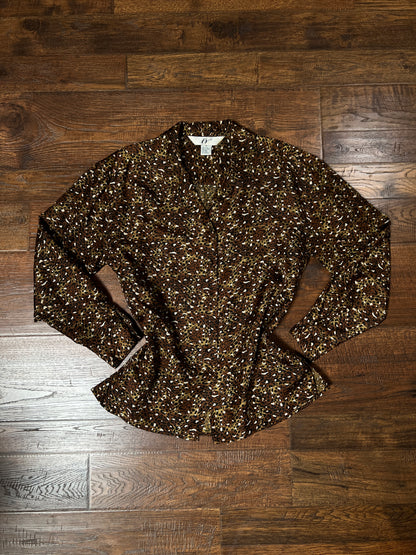 Vintage FY2 100% Silk Blouse - Brown Cheetah Animal Print Button Front - Size Medium