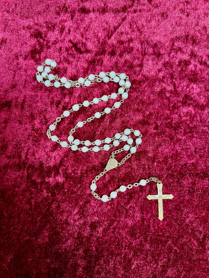 Vintage Jewelry - Rosary Beads - Shiny White Beads - Brass Tone Cross - 12.75"