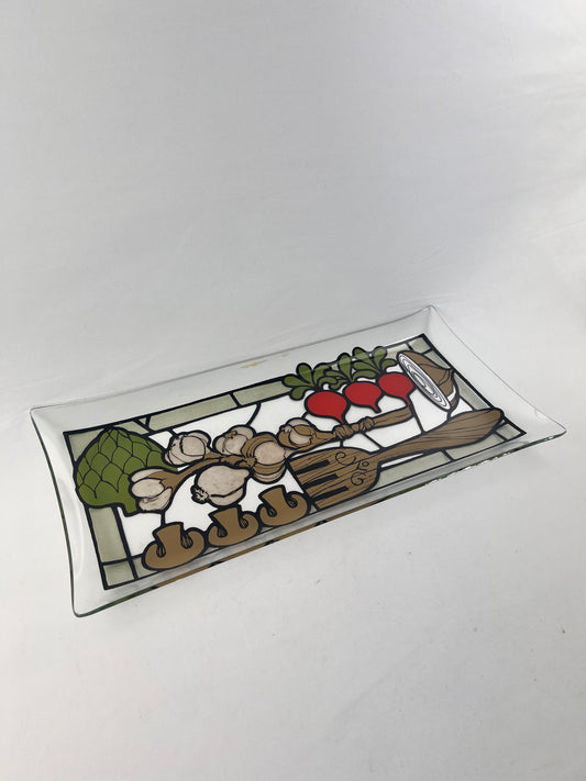 Vintage Rectangular Curved Glass Serving Tray w/ Vegetable Motif - Mid Century Modern Kitchen