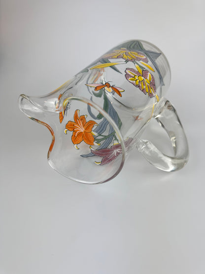 Vintage Clear Juice Pitcher with Lillies and Butterflies - 9" Tall Carafe