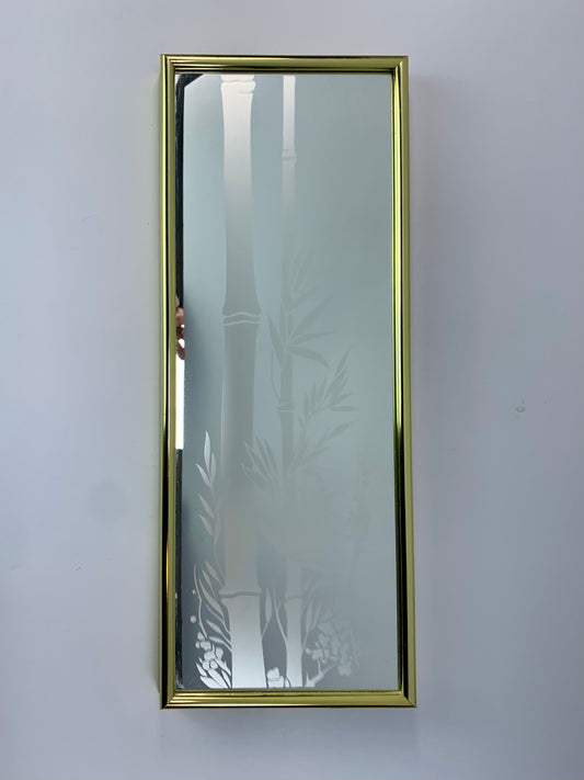 Vintage Mirror - 1980s Etched Bamboo Mirror with Gold Frame - 16 x 6"