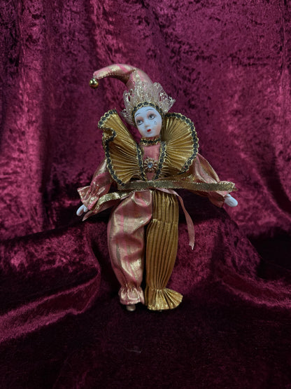 Vintage Porcelain Pierrot Doll – Pink and Gold Metallic Harlequin Figure