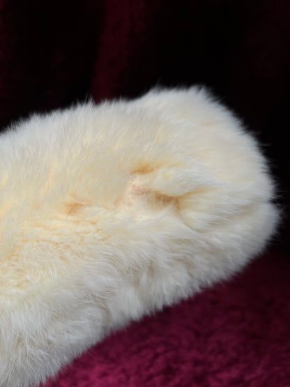 Vintage Real Rabbit Fur Hand Muff - Ivory Plush Hand Warmer with Shoulder Strap
