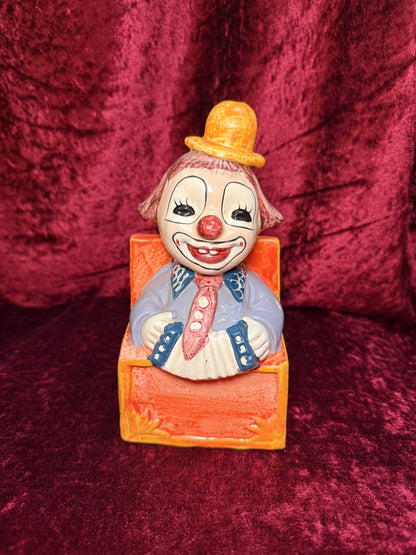 Vintage Clown Art - Whimsical Ceramic Figure - Jack in the Box Clown with Accordion Bank