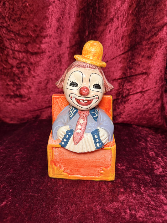 Vintage Clown Art - Whimsical Ceramic Figure - Jack in the Box Clown with Accordion Bank