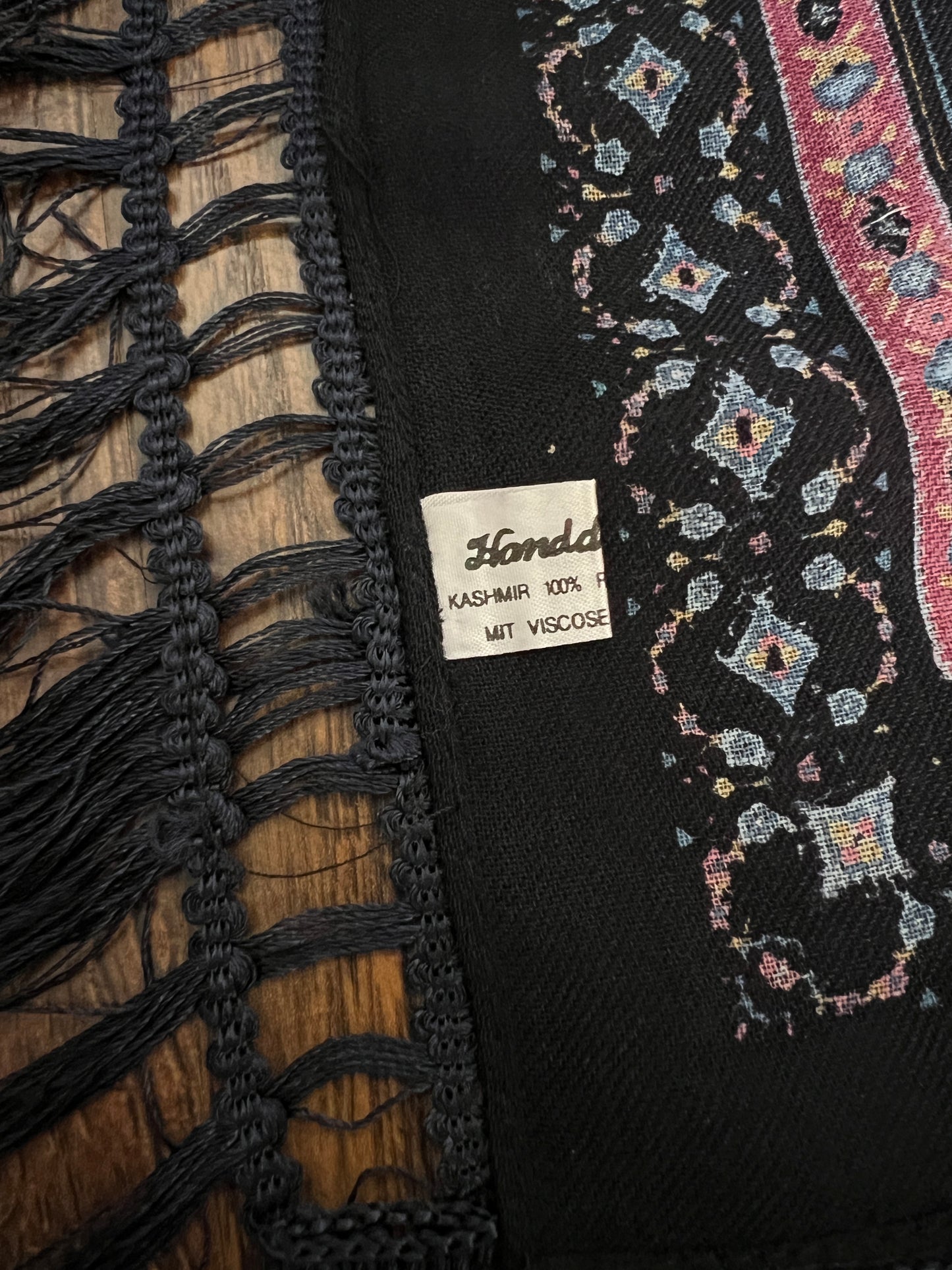 Vintage Kashmir Woole Floral Fringe Scarf - Dark Blue Square Wrap Bohemian Style