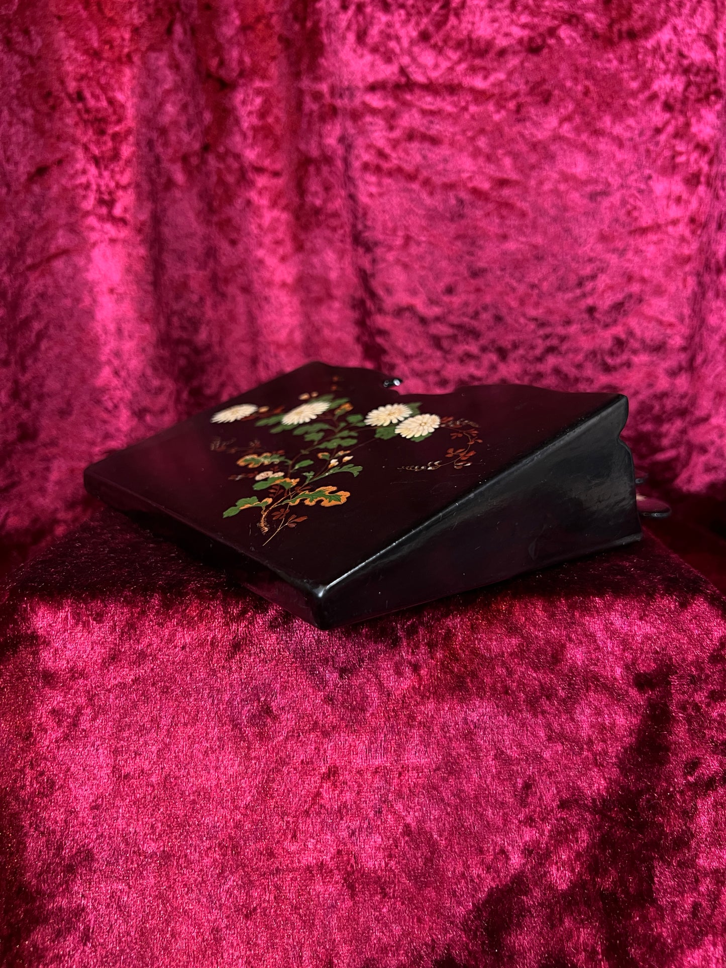 Antique Papier Mache Wall Pocket - Victorian Black Lacquer Painted White Flowers
