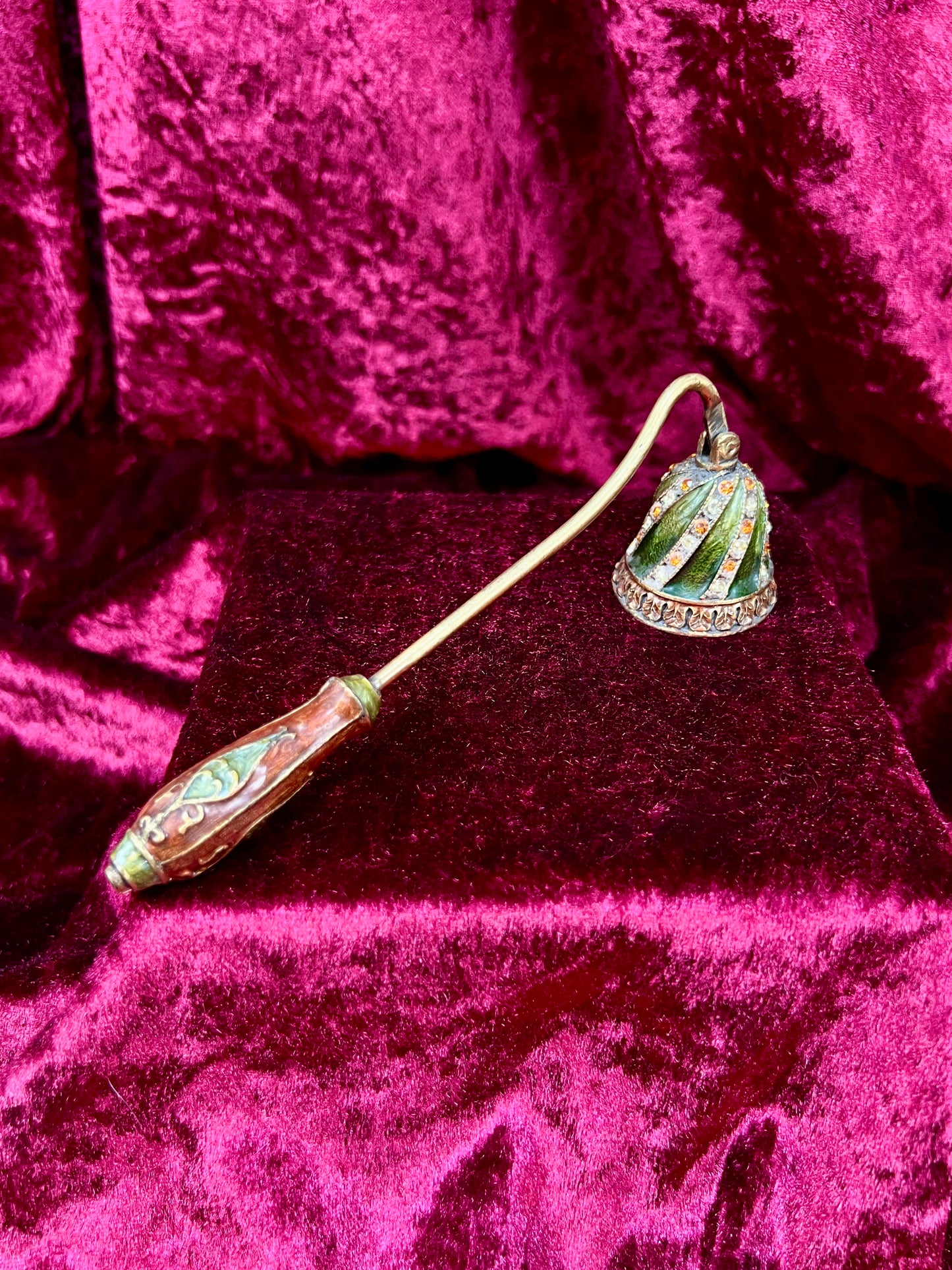 Vintage Brass Enamel Candle Snuffer - Jeweled Green Victorian Revival