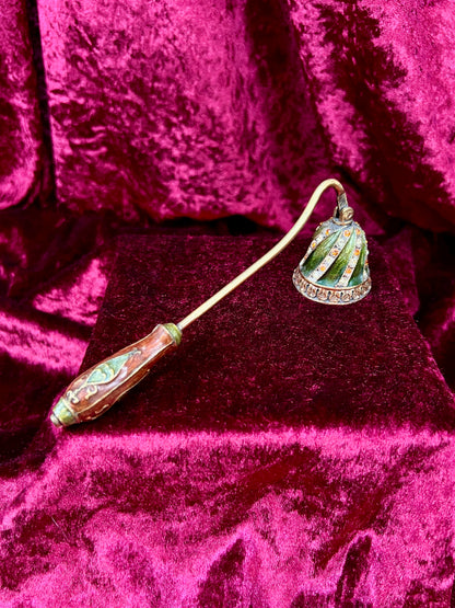 Vintage Brass Enamel Candle Snuffer - Jeweled Green Victorian Revival