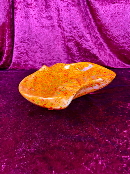Vintage Ashtray - Sculptural Ceramic Drip Glaze - Bright Orange with Green Flecks - Large