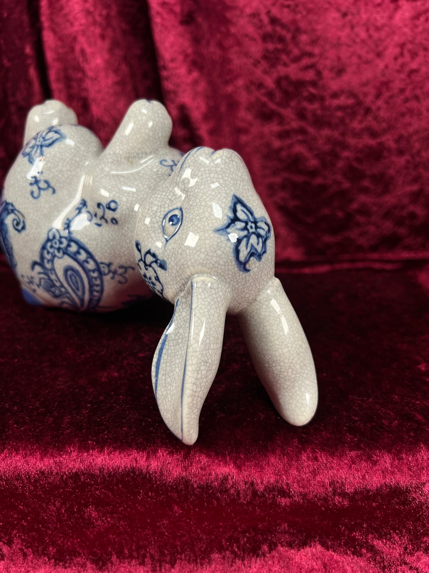 Vintage Ceramic Rabbit Figurine - Blue and White Floral Crackle Finish - Baum Bros