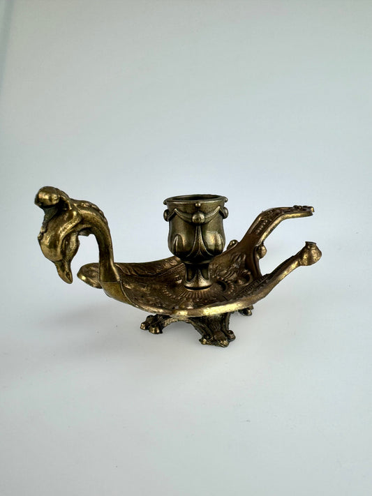 Vintage Italian Aged Brass Peacock Chamber Candle Stick Holder