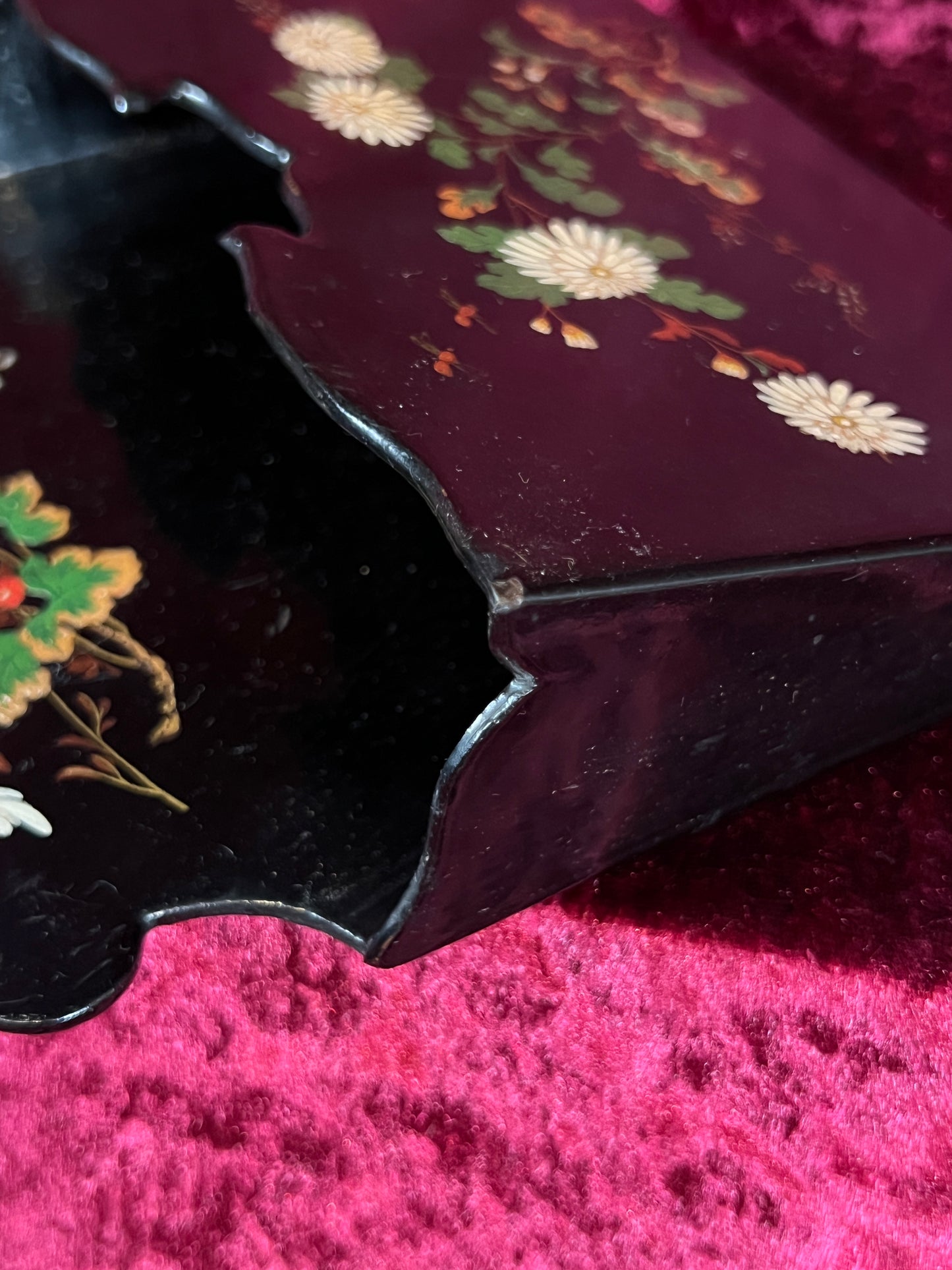 Antique Papier Mache Wall Pocket - Victorian Black Lacquer Painted White Flowers
