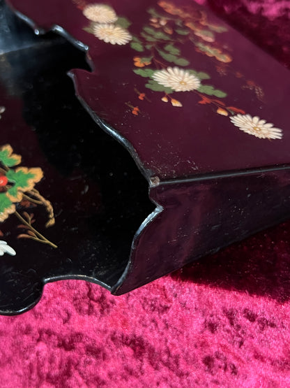 Antique Papier Mache Wall Pocket - Victorian Black Lacquer Painted White Flowers