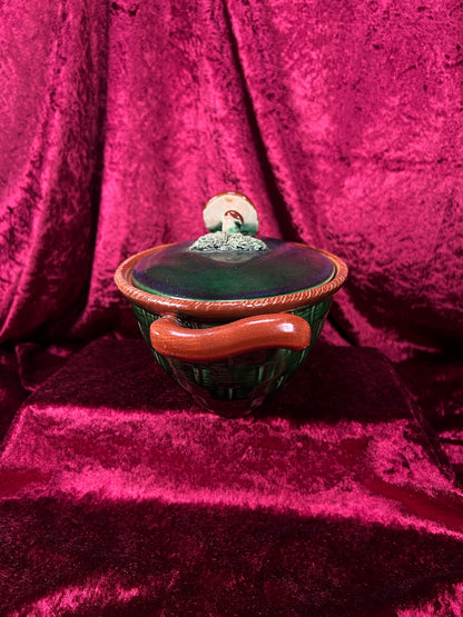 Vintage Ceramic Covered Casserole Dish - Majolica Mushroom Lid Basketweave Belgium Tellurite