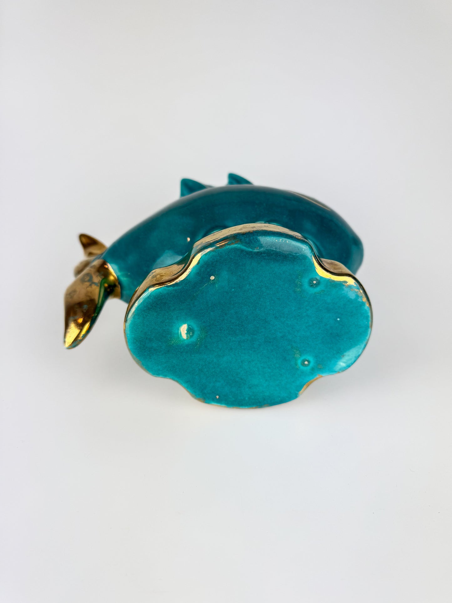 Vintage 1950s Turquoise Blue Fish Planter with Gold Detail - Coastal Chic