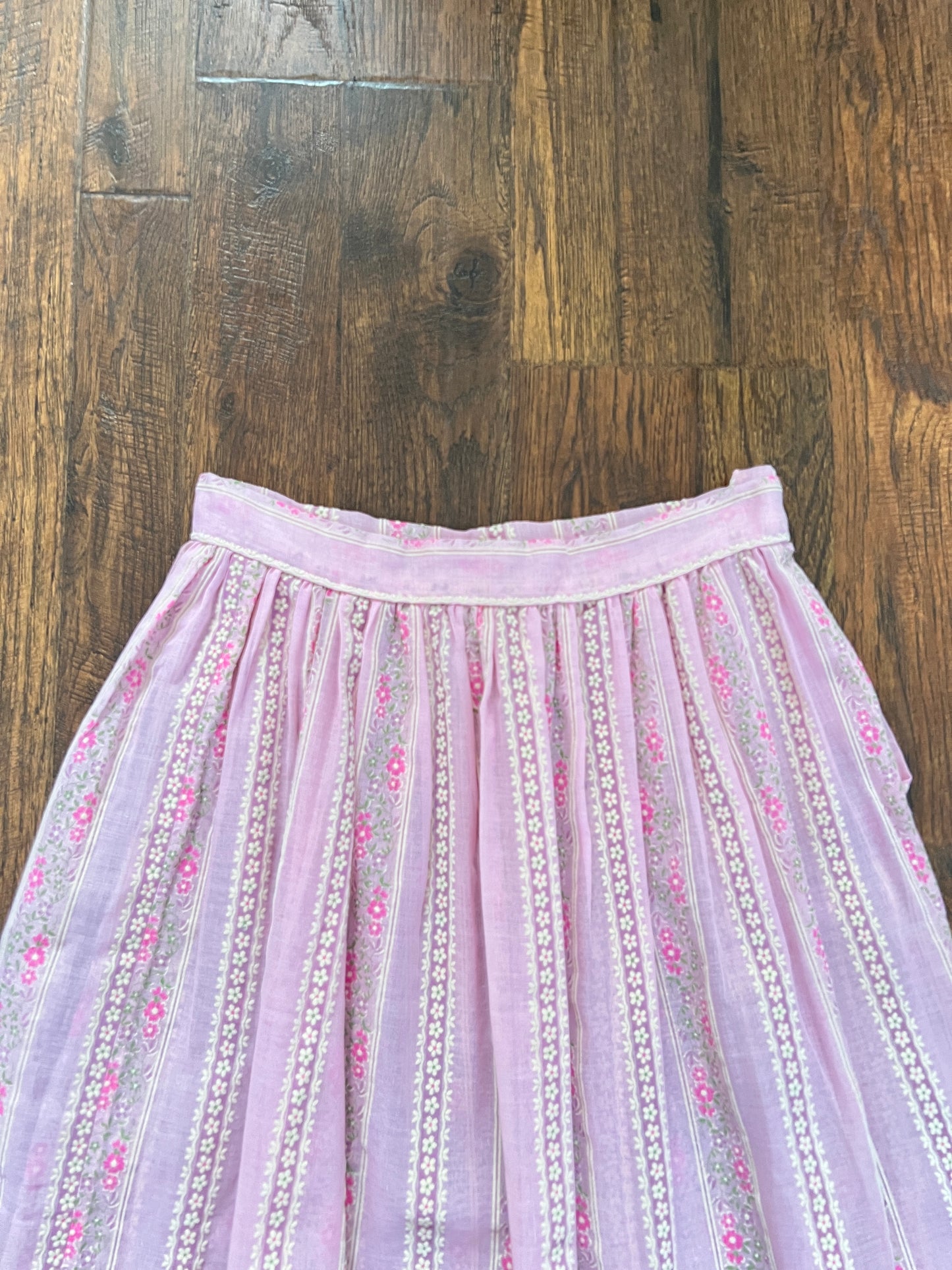 Vintage Circle Skirt - Pink Floral Stripe Semi Sheer Midi - Small
