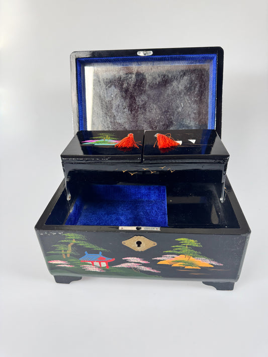 Vintage Japanese Hand Painted Music Jewelry Box w. Mirror Lid and Abalone Detail and Key