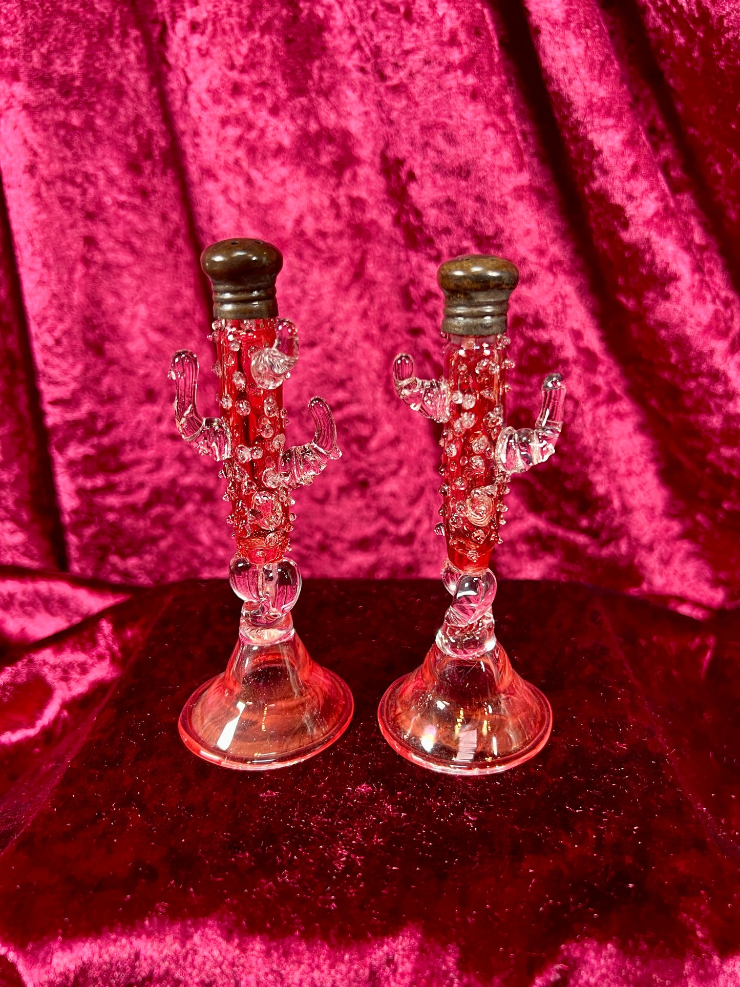 Vintage Kitchen - Salt and Pepper Shaker Set - Handblown Glass - Red Hobnail Cactus