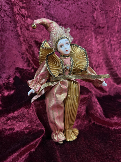 Vintage Porcelain Pierrot Doll – Pink and Gold Metallic Harlequin Figure