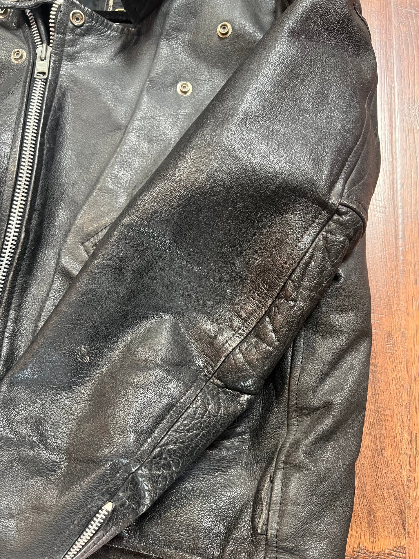 Vintage Clothing - Biker Jacket - First Genuine Leather - Black with Silver Hardware - Large