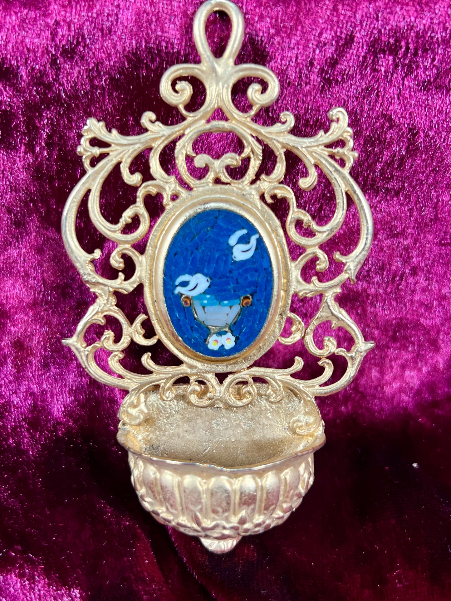 Vintage Religio - Miniature Holy Water Font - Millefiori Micro Mosaic of Two Doves - Italy