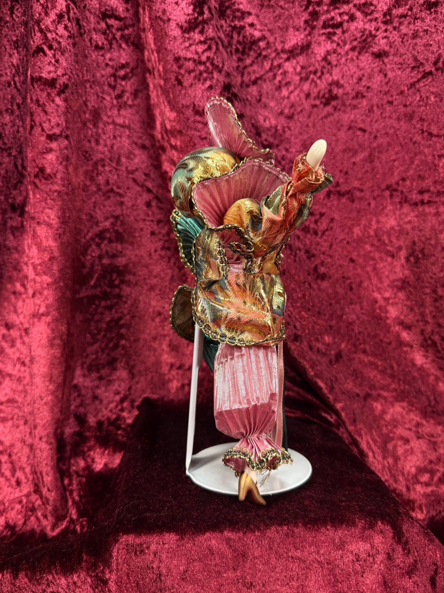 Vintage Porcelain Jester Doll – Metallic Pleated Costume Renaissance Figure - Pink Teal and Gold