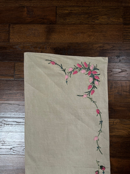 Vintage Rectangular Linen Table Runner - Hand Embroidered Puffy Pink Rosebud Vine