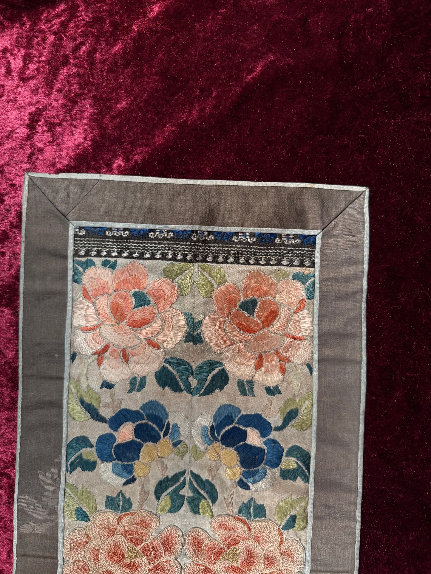 Antique Chinese Silk Sleeve Band – Forbidden Stitch Lotus Flowers - Embroidered Textile Robe Panel