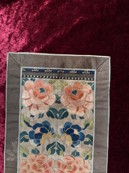 Antique Chinese Silk Sleeve Band – Forbidden Stitch Lotus Flowers - Embroidered Textile Robe Panel