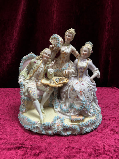 Vintage Porcelain Figurine - Antique Dresden Style Chess Game German Saxe Group