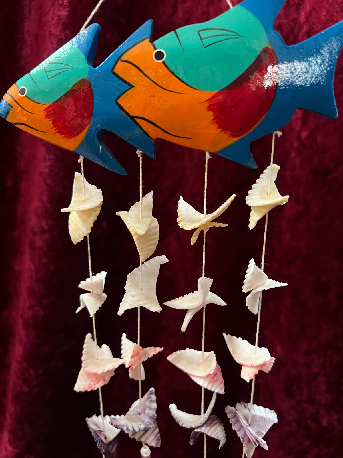 Vintage Wood Fish Wind Chime - Hand Painted Tropical Fish Seashell Mobile