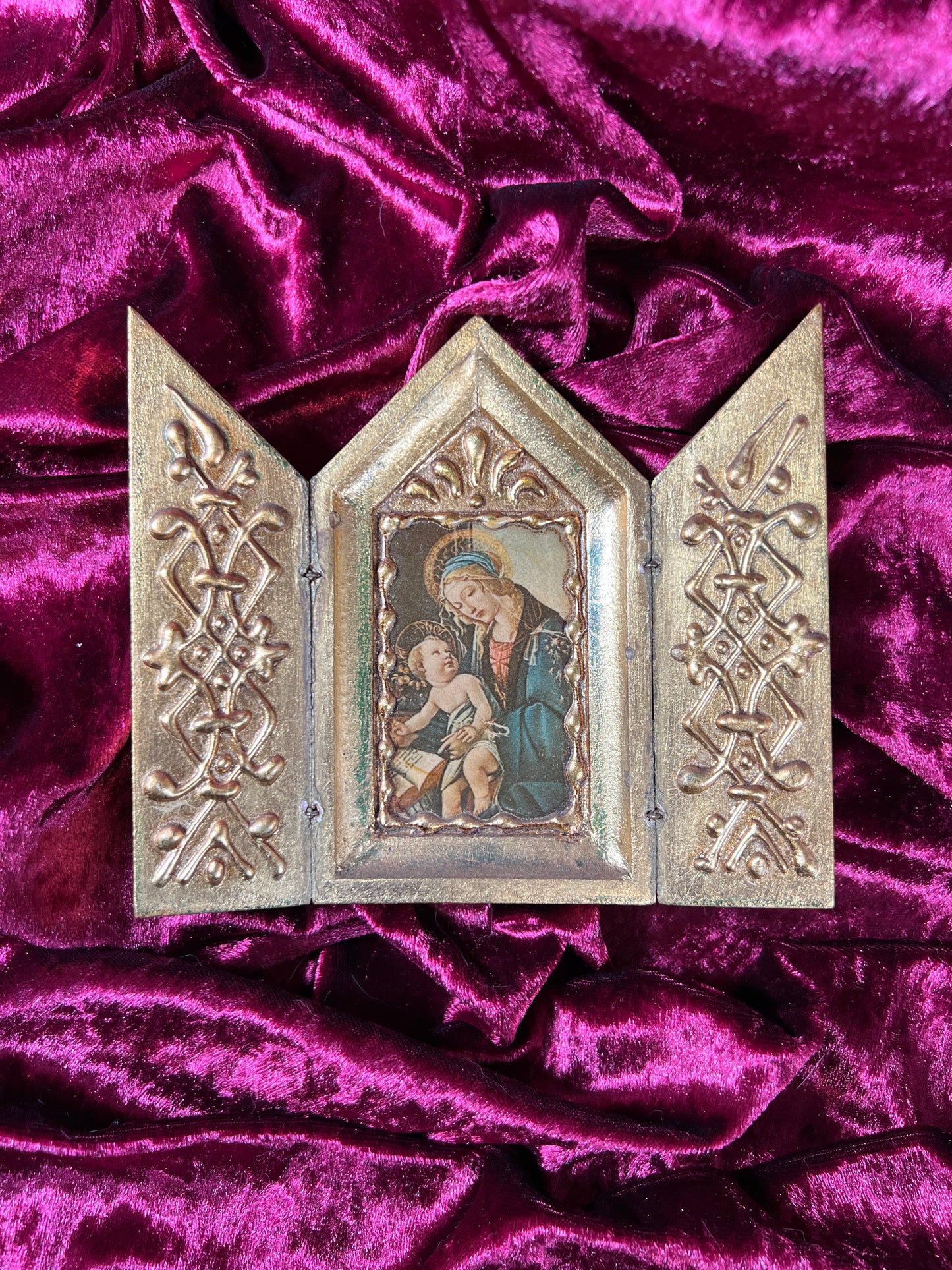 Vintage Religio - Gilt Wood Triptych - Florentine Madonna and Child - Made In Italy
