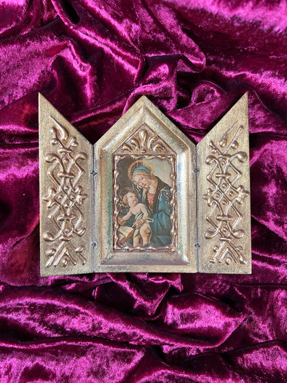 Vintage Religio - Gilt Wood Triptych - Florentine Madonna and Child - Made In Italy