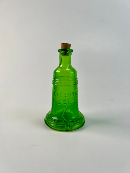 Vintage Miniature Glass Bottle - Liberty Bell - Green - Made In Taiwan