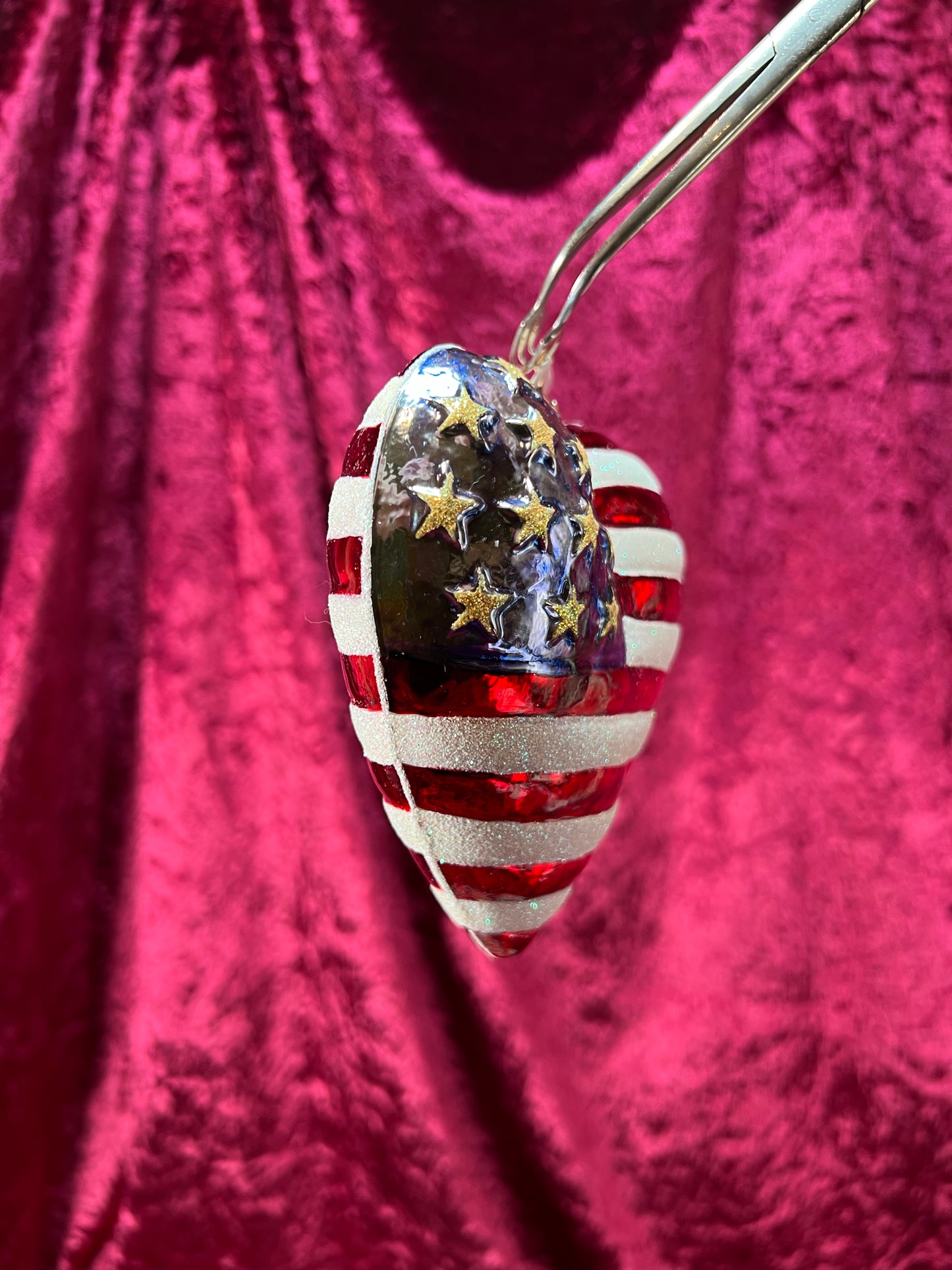 Vintage Christmas - Handblown Glass Ornament - American Flag Heart - Radko / American Red Cross