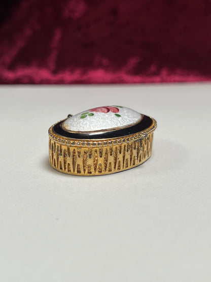 Vintage Trinket Box - Oval Pill / Snuff Box - Enamel Rose Bud - Gold Basket Weave Design