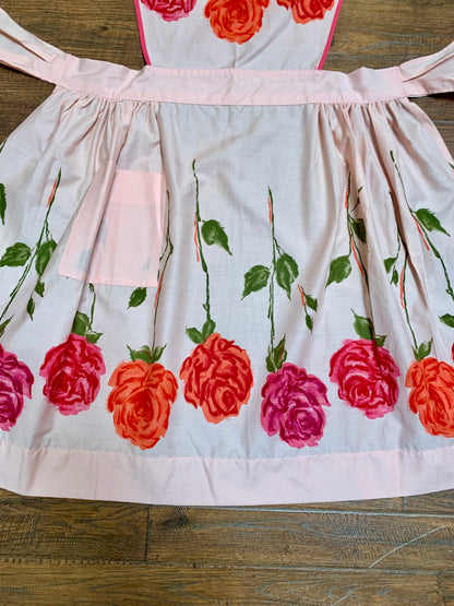 Vintage Pinafore Apron - Pink with Red Roses