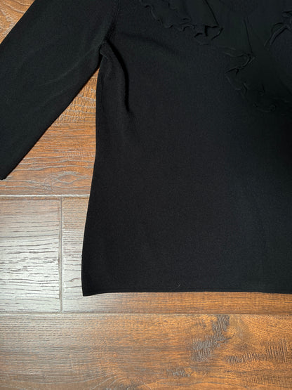 Vintage Cable & Gauge Knit Blouse - Black Ruffle Trim Wrap - Size Large