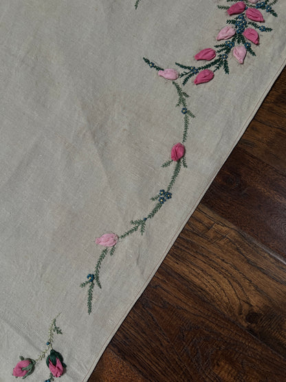 Vintage Rectangular Linen Table Runner - Hand Embroidered Puffy Pink Rosebud Vine