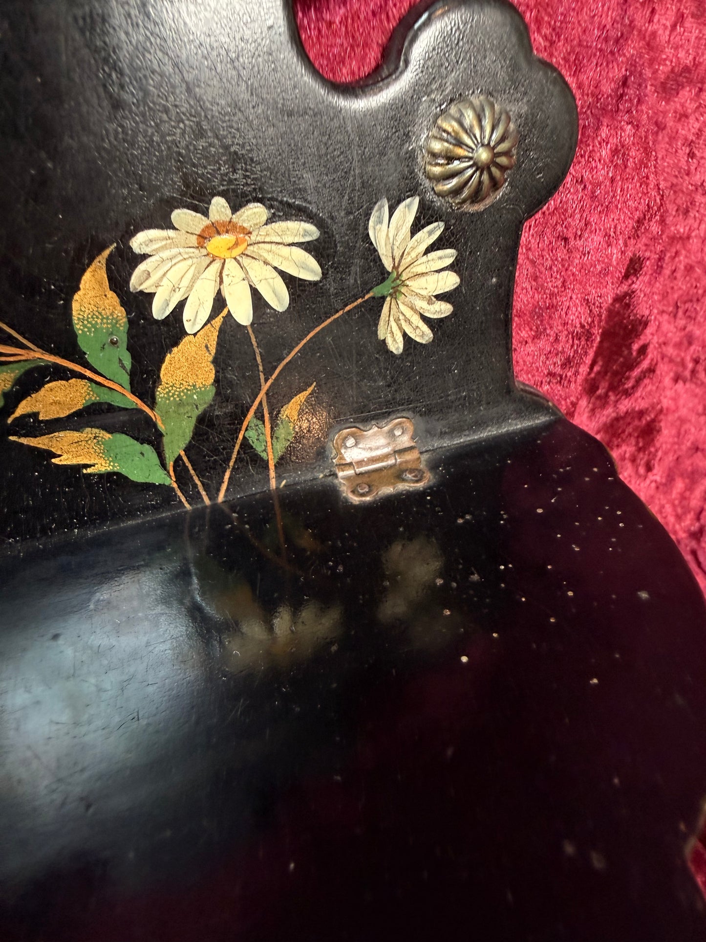 Antique Victorian Papier-Mache Collapsible Wall Shelf – Hand Painted Daisies and Dragonfly on Black Lacquer