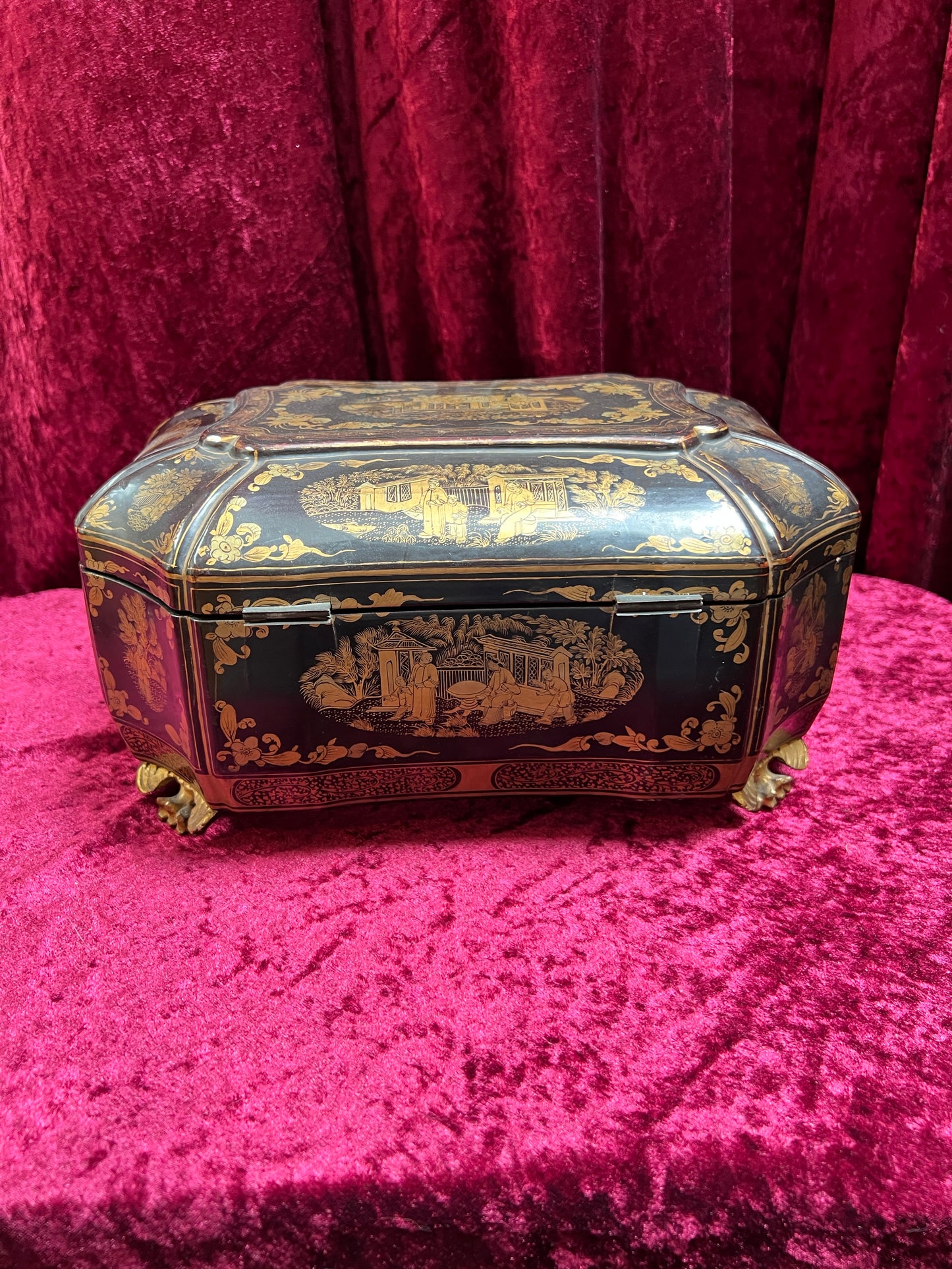 Antique Sewing Kit - Black Lacquer Ladies Work Box - Octagonal 19th Century Asian Chinoiserie