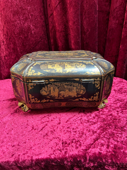 Antique Sewing Kit - Black Lacquer Ladies Work Box - Octagonal 19th Century Asian Chinoiserie