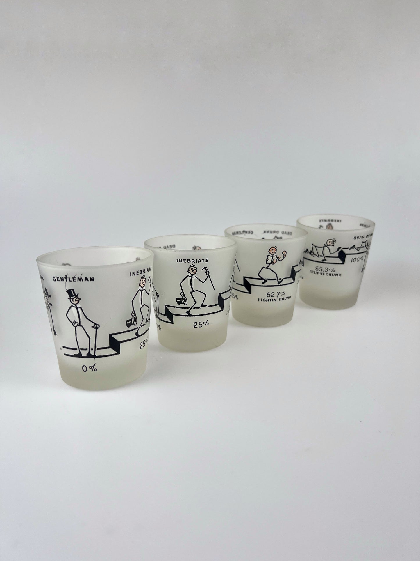 Humorous Vintage Frosted Glass Lowball Tumblers - 100% Dead Drunk - Set of 4