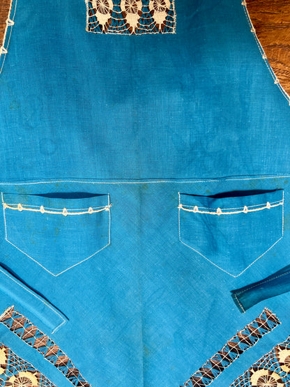 Vintage Cotton Tie Waist Pinafore Apron – Robins Egg Blue Cutwork Lace Embroidery