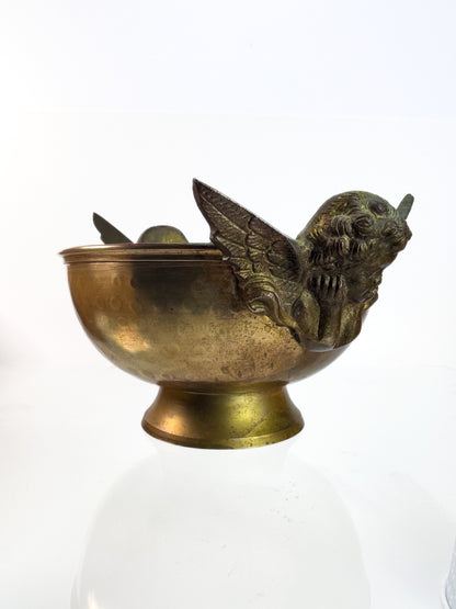 Vintage Copper & Brass Double Angel Pedestal Bowl