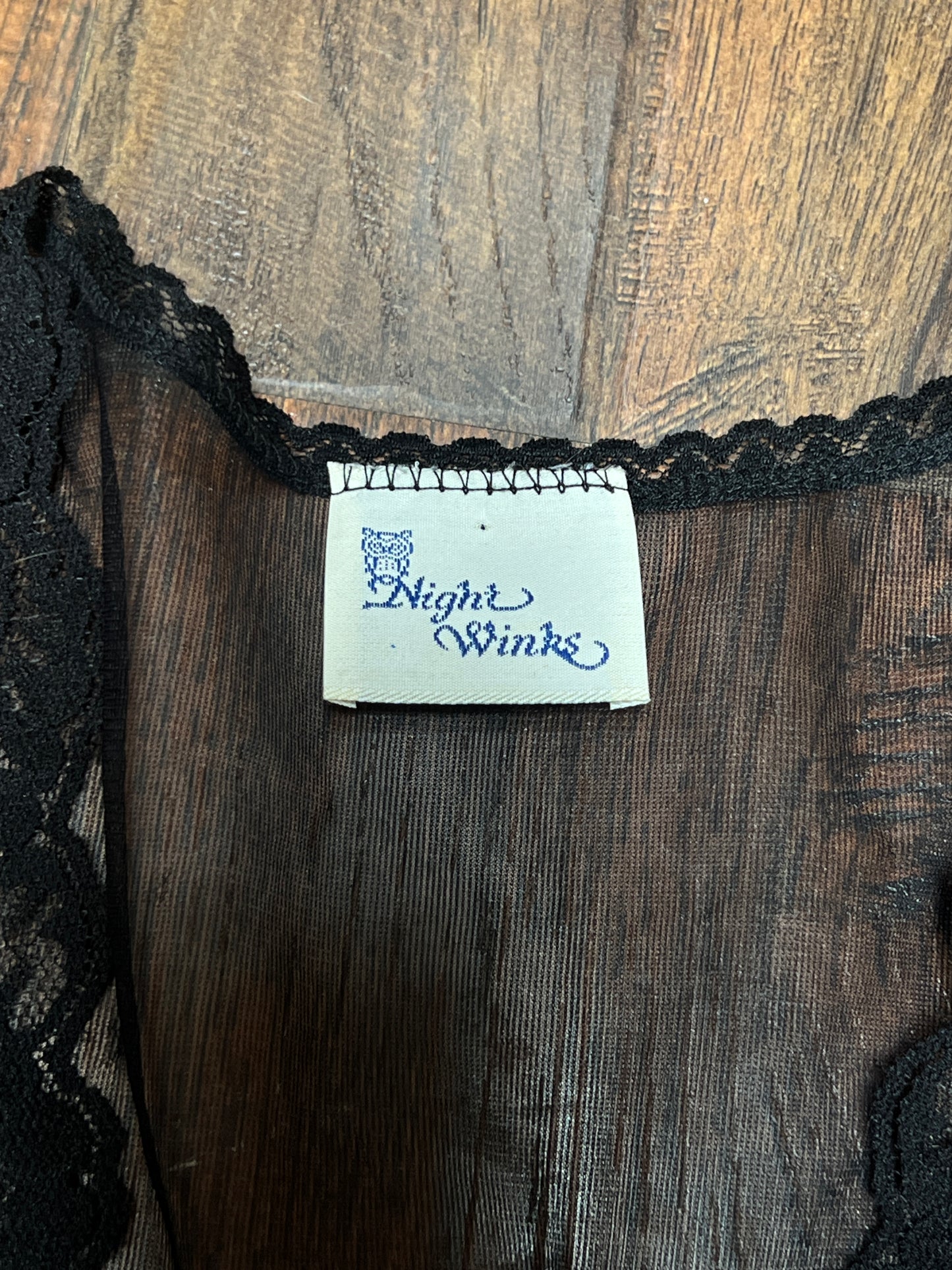 Vintage Night Winks Bed Jacket -  Sheer Black with Floral Lace Open Front - Medium