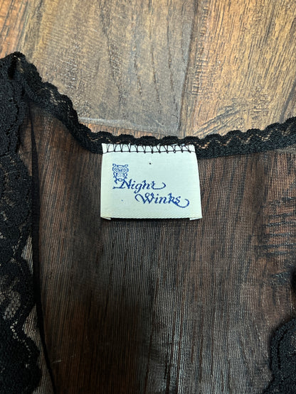 Vintage Night Winks Bed Jacket -  Sheer Black with Floral Lace Open Front - Medium