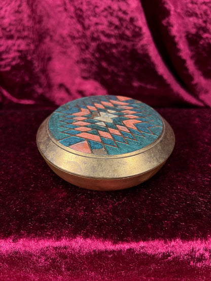 Vintage Solid Brass Trinket Box - 1990s Handpainted Southwestern Design