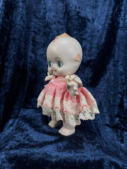 Vintage Bisque Ceramic Kewpie Doll – Posable Figure with Pink Lace Dress